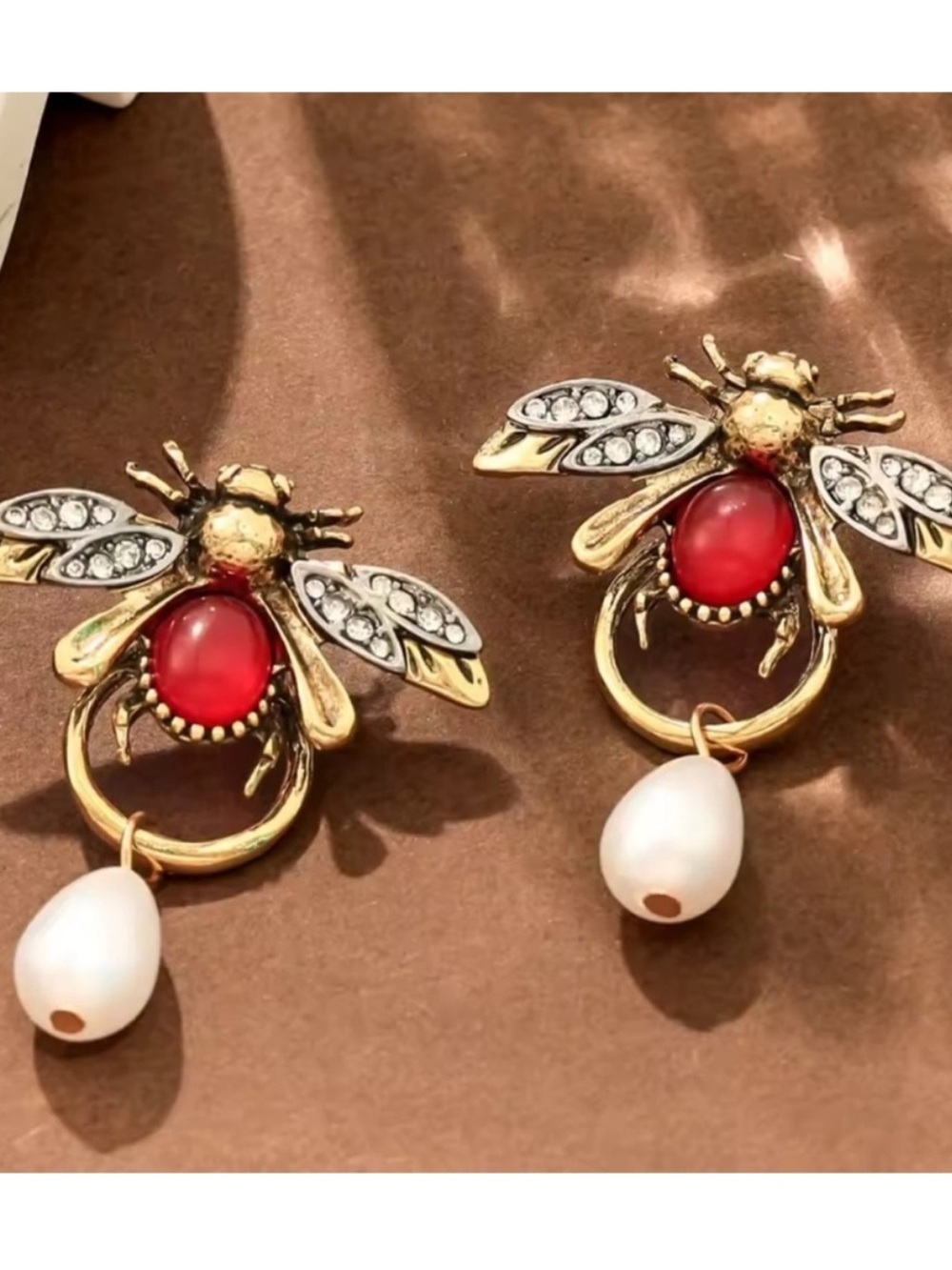 Vintage Gold Bee Earrings with Red Stone and Pearl Drop - Picture 4 of 4